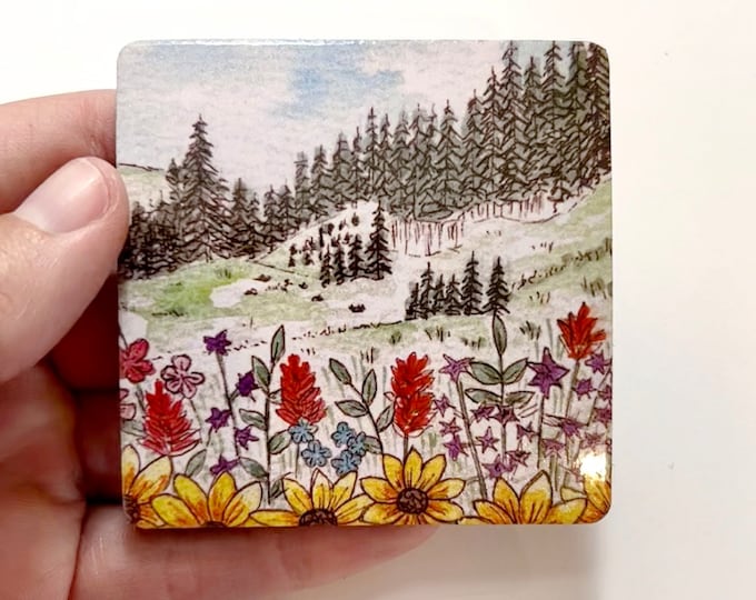 Featured listing image: Mount Naomi Wildflowers Mountains Watercolor refrigerator magnet, artwork magnet, watercolor magnet, mountain magnet