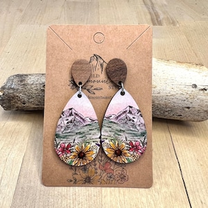 Watercolor wood Sunflower wildflower mountain Earrings dangle | Gift for mountain lovers | Teardrop Dangle Earrings  | wearable art earrings