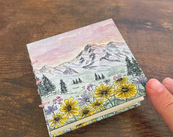 Pastel Mountain flowers Handmade mini 3x3 Watercolor Book, Art Journal, Field Sketchbook, Travel Art Book, Watercolor Book