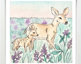 Mama Deer Purple Flowers Watercolor Print, Deer art, Mama art, watercolor art, watercolor animals, animal art