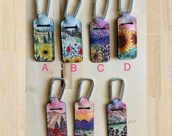 Mountain flowers hiking Lip balm holder keychain, backpack chapstick holder, carabiner chapstick holder, watercolor functional art