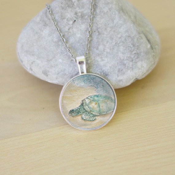 Sea Turtle on Beach Turtle Necklace Watercolor Jewelry Animal