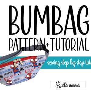 May include: A gray and red fanny pack with a Spiderman print. The pack has a zipper closure and a gray adjustable strap. The text "BUMBAG PATTERN + TUTORIAL" is written in black at the top of the image. The text "sewing step by step tutorial" is written in white on a teal background. The text "Ruda mama" is written in black on a white background.