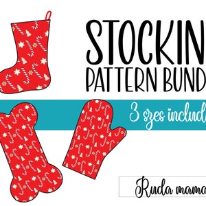 May include: A set of three Christmas stocking patterns featuring a red and white candy cane and star design. The patterns are available in three sizes and are perfect for creating festive stockings for the holidays.