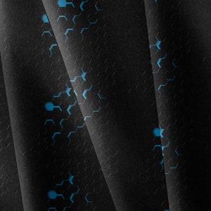 May include: Abstract background with a black textured surface and a pattern of blue hexagons.