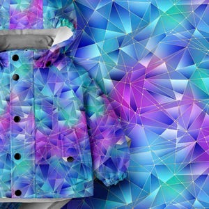 May include: A hooded jacket featuring a vibrant geometric pattern of blue, purple, and teal triangles connected by thin gold lines. The jacket includes a front placket with five black circular buttons and a hood with a light gray interior lining.