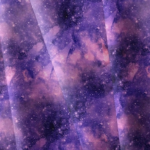 May include: A fabric featuring a deep purple and violet galaxy print with scattered white specks resembling stars. The pattern displays blended watercolor-style clouds of dark and light cosmic hues, creating a continuous celestial design across the surface.