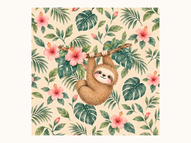 Sloth in Tropical Hibiscus Cushion Panel – Soft Velour Fabric, Square ...