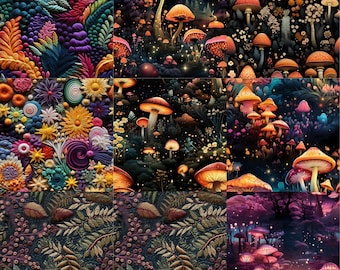 May include: A collage of nine distinct patterns featuring vibrant floral textures, bioluminescent mushrooms in dark forest settings, intricate botanical leaf motifs, and glowing fungi landscapes in shades of orange, purple, green, and deep blue.