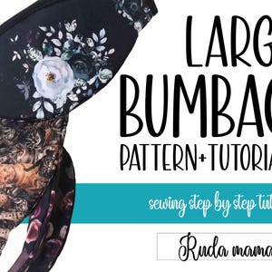 Puede incluir: Una riñonera de tela negra con patrones florales blancos y oscuros, combinada con una sección con estampado de gatos. El texto dice LARGE BUMBAG PATTERN+TUTORIAL, sewing step by step tutorial y Ruda mama en una fuente de color blanco y negro.