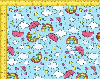 Rainbow Umbrella Clouds Fabric, Waterproof Softshell Textile, Outdoor Projects