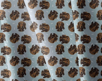 Tela de perro salchicha: Satén con estampado de perro y hueso, tela de algodón, confección, orgánica, costura, bricolaje