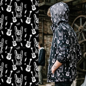 Rock Guitar Mens Softshell Fabric by the Half Metre, Waterproof Music Print Raincoat Material