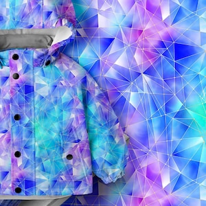 May include: A hooded jacket featuring a vibrant geometric pattern of blue, purple, and teal triangles with thin gold lines. The jacket includes a front placket with five black circular buttons, a hood, and long sleeves with elasticized cuffs.