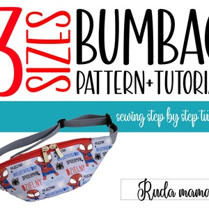 May include: A bumbag with a light blue fabric featuring a repeating cartoon superhero pattern, a red zipper, and a grey adjustable strap. The text 3 SIZES BUMBAG PATTERN+TUTORIAL, sewing step by step tutorial, and Ruda mama are visible in the image.