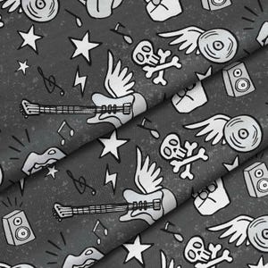 May include: A dark gray fabric featuring a repeating pattern of white line art illustrations including electric guitars with wings, skulls with crossbones, vinyl records with wings, speakers, stars, lightning bolts, and musical notes.