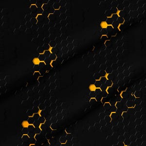 May include: A black fabric featuring a repeating hexagonal honeycomb pattern. The surface displays a three-dimensional effect where select hexagonal segments are recessed, revealing a vibrant yellow color underneath the matte black top layer.