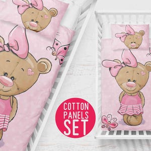 May include: A cotton bedding set featuring a light pink background with a repeating pattern of a brown teddy bear wearing a pink bow and a pink striped skirt, accompanied by pink butterflies and small hearts, including a pillowcase and a duvet cover.