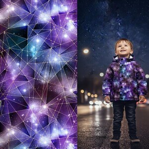 May include: A hooded jacket featuring a vibrant purple and blue galaxy print with a geometric white line overlay pattern. The jacket has a front zipper closure, long sleeves, and a high collar, showcasing a celestial design with bright star-like accents.