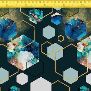 May include: A fabric pattern featuring a dark teal background with a geometric design of hexagons. Some hexagons contain blue and copper marble-like swirls, while others are solid light gray. A yellow ruler shows a width of 12 inches.