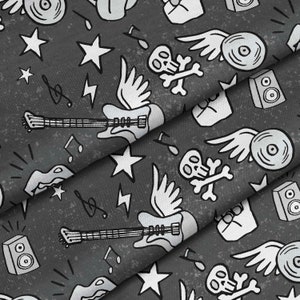 May include: A black and white seamless pattern featuring musical instruments, skulls, stars, and lightning bolts. The pattern is on a grey background.