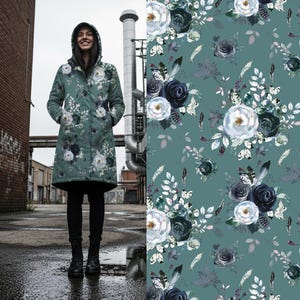 Waterproof Moody Floral Softshell Canvas by the Metre - Dark Teal Rose Print Material for Elegant Raincoats and Bags