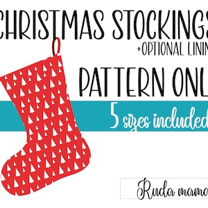 May include: A red Christmas stocking with a white tree pattern. The stocking is hanging from a hook. The text "CHRISTMAS STOCKINGS + OPTIONAL LINING PATTERN ONLY 5 sizes included" is written in black. The text "Ruda mama" is written in black in a white rectangle.