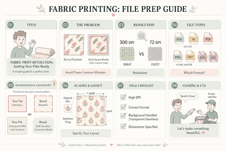The image is a guide for fabric printing, providing step-by-step instructions on how to prepare a file for printing. It includes illustrations and text to explain the process, such as the problem, resolution, file types, and final checklist. The guide emphasizes the importance of avoiding common mistakes and using the right format for the best results.