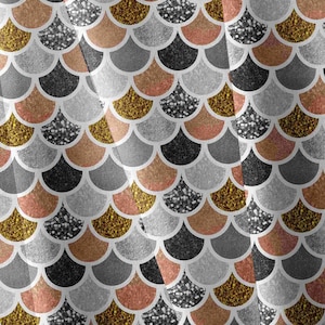 May include: A repeating pattern of overlapping semi-circular scales in a fish-scale design. The scales feature a textured, glittery finish in alternating colors of metallic gold, silver, charcoal gray, and rose gold, separated by thin white outlines.