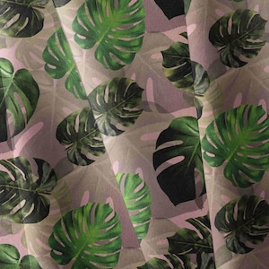 Pink Monstera Leaf Softshell Fabric by the Half Metre, Waterproof Tropical Raincoat Material