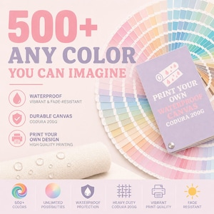 Op de afbeelding: Een promotionele afbeelding voor waterdicht Codura 200G canvas met een kleurenwaaier, een staal van gestructureerde witte stof met waterdruppels, en tekst met 500+ ANY COLOR YOU CAN IMAGINE, PRINT YOUR OWN WATERPROOF CANVAS en productkenmerken.
