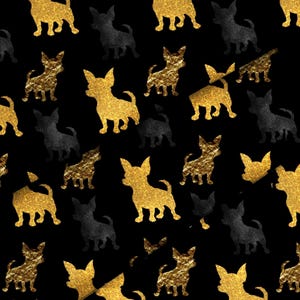 May include: A repeating pattern on a black background featuring silhouettes of small dogs with pointed ears. The dog shapes alternate between a textured, metallic gold foil finish and a solid, dark charcoal gray matte appearance.