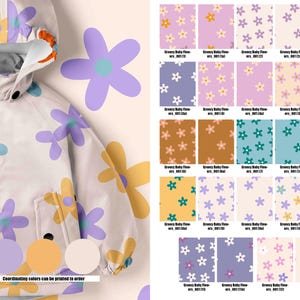 May include: A white hooded jacket with a colourful floral pattern. The jacket has a zip closure and two pockets. The image also shows a variety of fabric swatches with different floral patterns in various colours. The text "Coordinating colours can be printed to order" is at the bottom of the image.