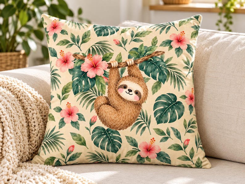 Sloth in Tropical Hibiscus Cushion Panel – Soft Velour Fabric, Square ...