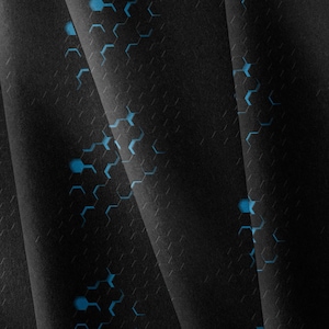 May include: A black fabric featuring a repeating geometric pattern of small, dark gray hexagons. Interspersed throughout the design are larger, vibrant blue hexagonal outlines and solid blue hexagonal shapes that create a high-contrast visual effect.