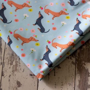 Dachshund Floral Softshell Fabric, Water-Resistant Outdoor Material