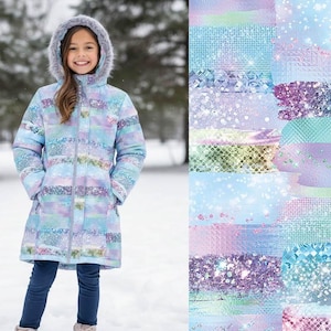 May include: A hooded winter coat featuring a horizontal striped pattern in pastel shades of blue, purple, and pink with a shimmering, glittery texture. The coat has a full-length front zip and a hood trimmed with grey faux fur.