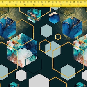 May include: Abstract geometric pattern with teal, blue, and gold hexagon shapes on a dark green background.