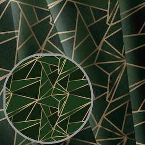 May include: A dark green fabric featuring a geometric pattern of thin gold lines forming various triangles and polygons. The material has a soft texture with visible folds, and a circular inset shows a detailed view of the repeating pattern.