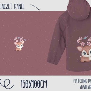 May include: A mauve jacket panel measuring 150x100 cm with a white dotted pattern and a cartoon deer illustration featuring pink flowers and blue butterflies on its head. The jacket has a hood and long sleeves with the same deer graphic.