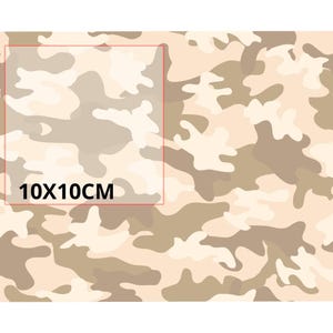 May include: A fabric or material featuring a camouflage pattern in shades of beige, cream, and light brown. A red square outline is visible on the left side, enclosing a section with the black text 10X10CM, indicating a 10 by 10 centimeter area.