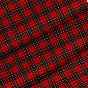 Peut inclure: Un tissu présentant un motif tartan écossais classique rouge, noir et blanc. Le design se compose de lignes horizontales et verticales entrecroisées de différentes épaisseurs, créant une grille répétitive de carrés sur toute la surface.