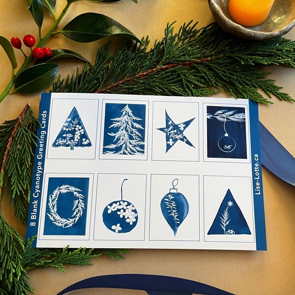 Pack de cartes de Noël Ensemble tout simplement élégant de 8, cartes de vœux cyanotype Holiday 5x7, reproductions vierges d’impressions cyanotypes originales