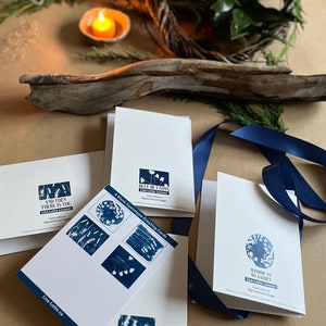 Ensemble botanique simplement élégant de 4, cartes de vœux cyanotypes, vierges, papier et encre de qualité supérieure, reproductions d'impressions cyanotypes originales