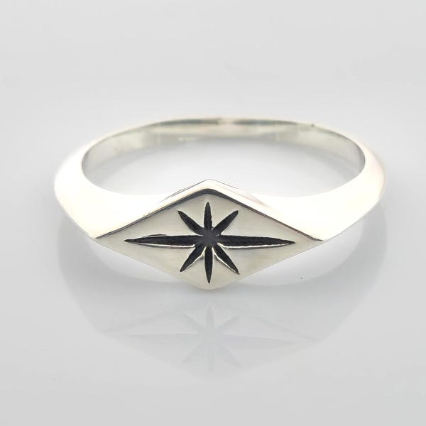 Sterling Silver North Star Signet Ring: Celestial Rhombus Starburst Design