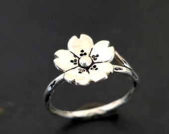 Bague Réglable Fleur De Cerisier - Argent Plaqué, Motif Kawaii, Bijou Fantaisie