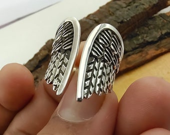 Oxidized Sterling Silver Angel Wing Ring - Bohemian Style