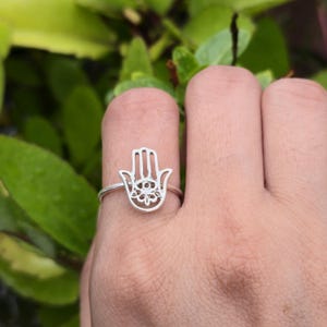 Oxidized Sterling Silver Hamsa Hand Ring - Handmade Dainty Ring