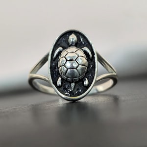 Sköldpaddsring i sterlingsilver, oxiderade sköldpaddssmycken, gåva med havsdjur, handgjord bohemisk silversköldpaddsring för kvinnor och män