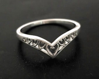 Sterling Silver Filigree Chevron Ring: Heart V Shape, Thin Stacking Band